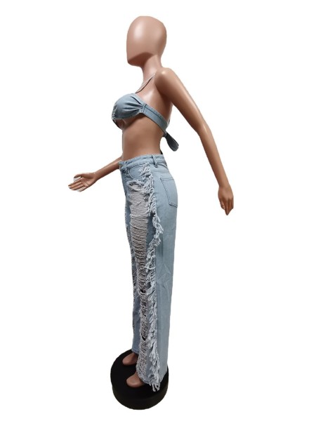 strapless halterneck ripped tassel suit