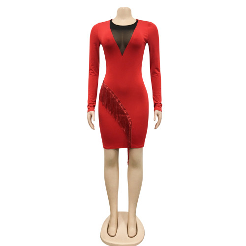 Hot drilling mesh perspective sexy tassel bag hip mid-skirt dress