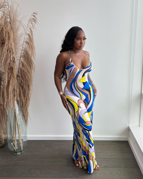 Sleeveless Printed Sling Wide-Leg Jumpsuit