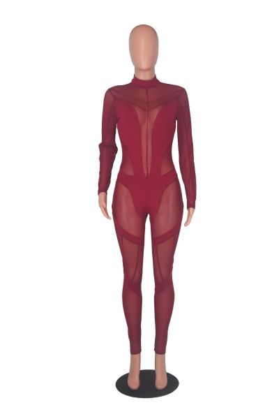 Mid-neck sexy see-through mesh stitching jumpsuit