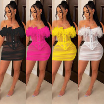 Solid color mesh see-through feather lace vest pleated mid-skirt two-piece set