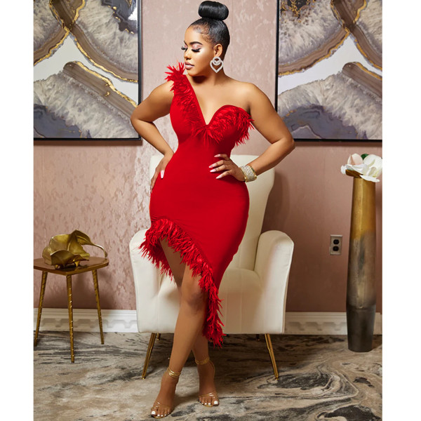 Solid Color V-Neck Sleeveless Wrap Breast Feather Irregular Midi Dress