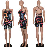 Sleeveless Sling Print Shorts Two-Piece Set