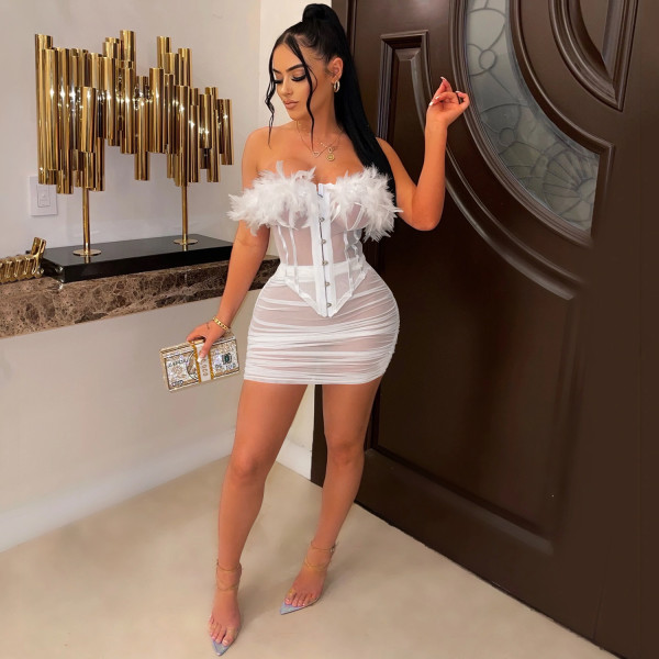 Solid color mesh see-through feather lace vest pleated mid-skirt two-piece set