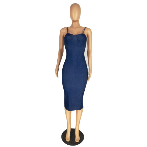 high elastic suspender faux denim dress