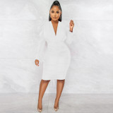 Fashion Casual Solid Color Long Sleeve Pleated V-Neck Dress