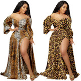 Printed V-Neck Wrap Bust Long Wide Sleeves Irregular Split Swing Dress