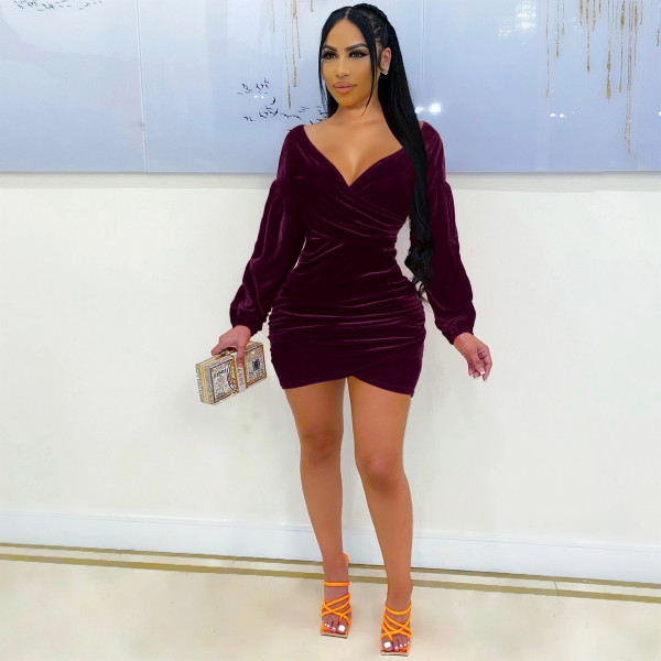 Gold velvet solid color pleated long sleeve lantern sleeve deep V waist dress dress