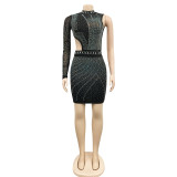 Hot Diamond Round Neck Single Sleeve Mesh Perspective Hollow Skirt Dress