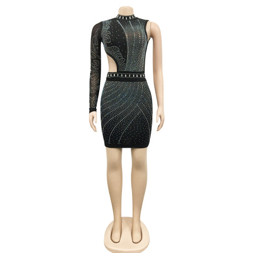 Hot Diamond Round Neck Single Sleeve Mesh Perspective Hollow Skirt Dress