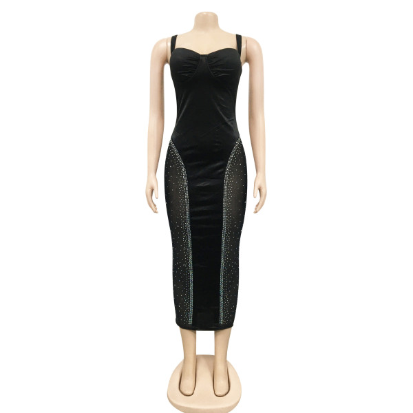 Solid Color Sexy Sling Wrap Bust Open Back Skinny Stretch Mesh Dress
