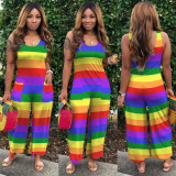 Plus Size Casual Fashion Rainbow Striped Loose Jumpsuit