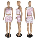 Casual Sports Comfortable Tank Top Shorts Print Set