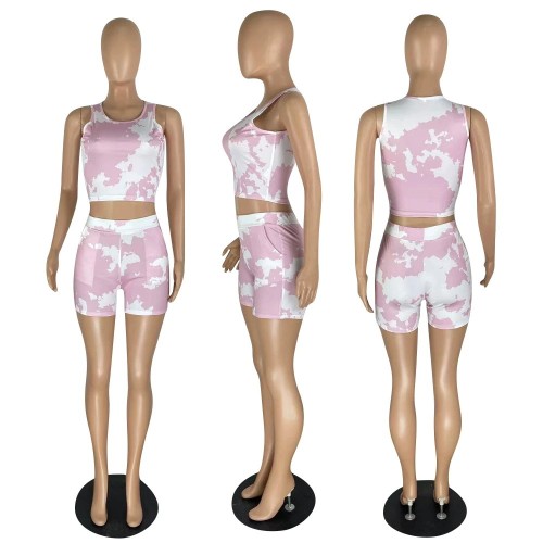 Casual Sports Comfortable Tank Top Shorts Print Set