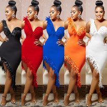 Solid Color V-Neck Sleeveless Wrap Breast Feather Irregular Midi Dress