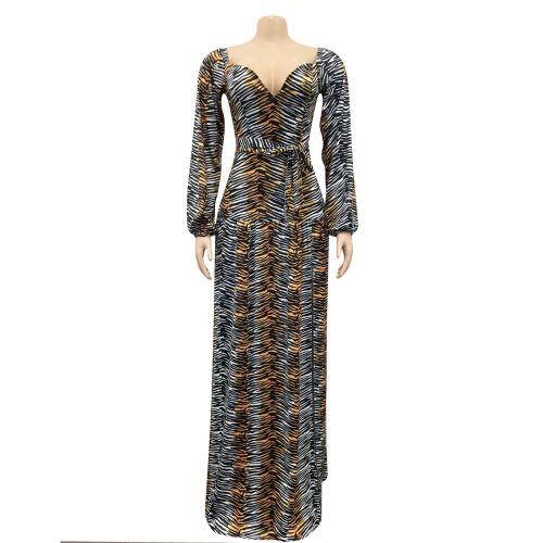 Printed V-Neck Wrap Bust Long Wide Sleeves Irregular Split Swing Dress