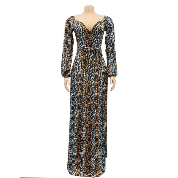 Printed V-Neck Wrap Bust Long Wide Sleeves Irregular Split Swing Dress