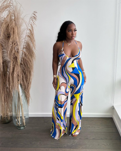 Sleeveless Printed Sling Wide-Leg Jumpsuit