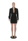 Cardigan Long Sleeve Deep V Pleated Button Shirt Dress