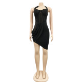 Solid Color Mesh See-Through Wrap Bust Ruffle Irregular Skirt Dress