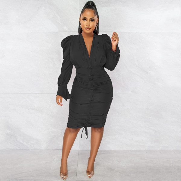 Fashion Casual Solid Color Long Sleeve Pleated V-Neck Dress
