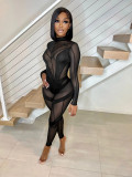Mid-neck sexy see-through mesh stitching jumpsuit