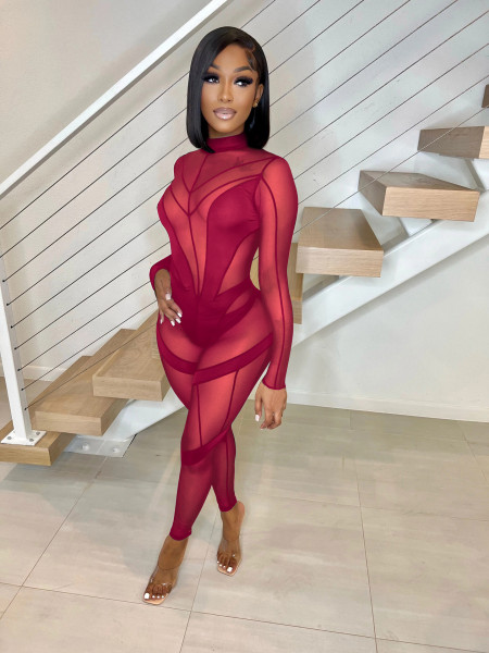 Mid-neck sexy see-through mesh stitching jumpsuit