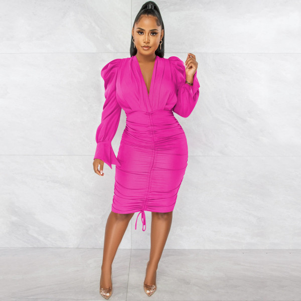 Fashion Casual Solid Color Long Sleeve Pleated V-Neck Dress
