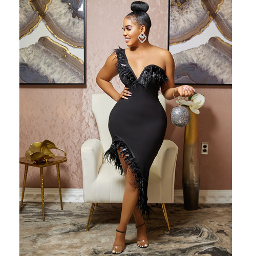 Solid Color V-Neck Sleeveless Wrap Breast Feather Irregular Midi Dress