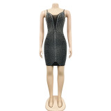Sexy women's nightclub hot drill sexy sling V-neck mid-skirt dress women