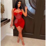 Solid Color Mesh See-Through Wrap Bust Ruffle Irregular Skirt Dress