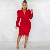 Fashion Casual Solid Color Long Sleeve Pleated V-Neck Dress