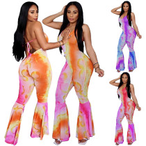 Sexy tie-dye halterneck halter ruffle jumpsuit