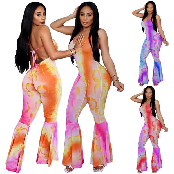 Sexy tie-dye halterneck halter ruffle jumpsuit
