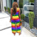 Plus Size Casual Fashion Rainbow Striped Loose Jumpsuit
