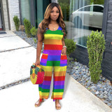 Plus Size Casual Fashion Rainbow Striped Loose Jumpsuit