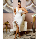 Solid Color V-Neck Sleeveless Wrap Breast Feather Irregular Midi Dress