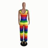 Plus Size Casual Fashion Rainbow Striped Loose Jumpsuit