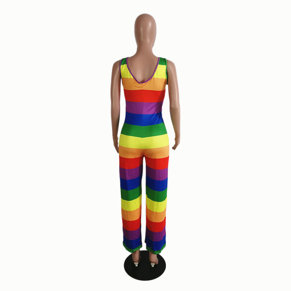 Plus Size Casual Fashion Rainbow Striped Loose Jumpsuit