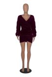 Gold velvet solid color pleated long sleeve lantern sleeve deep V waist dress dress
