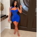 Solid Color Mesh See-Through Wrap Bust Ruffle Irregular Skirt Dress