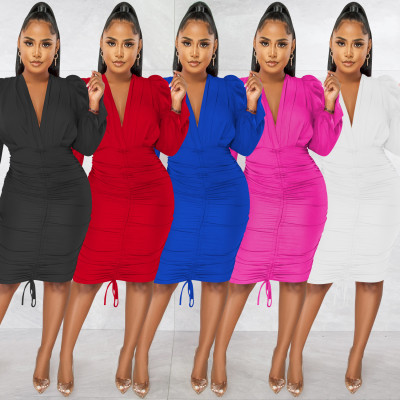Fashion Casual Solid Color Long Sleeve Pleated V-Neck Dress