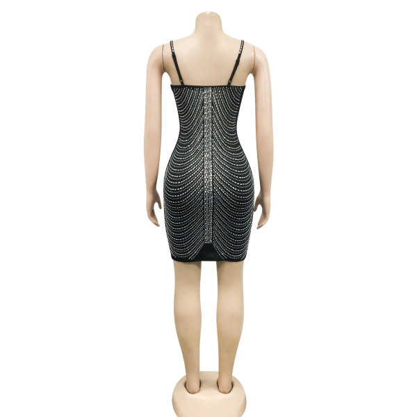 Sexy women's nightclub hot drill sexy sling V-neck mid-skirt dress women