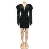 Fashion Casual Solid Color Long Sleeve Pleated V-Neck Dress