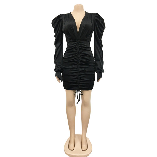 Fashion Casual Solid Color Long Sleeve Pleated V-Neck Dress