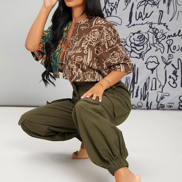 Women's fashion stitching contrast color element printing sexy navel street shooting cardigan top