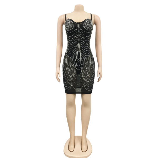 Sexy nightclub hot drill see-through suspender dress women's