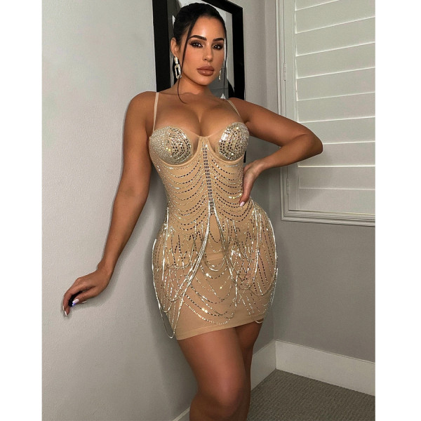 Sexy nightclub hot drill see-through suspender dress women's