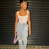 Skinny Sexy Cutout U-Neck Embroidered Women's Bodysuit