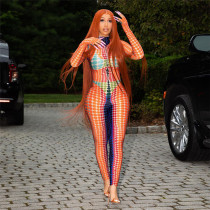 Fashion Print Long Sleeve Crew Neck High Waist Bodysuit